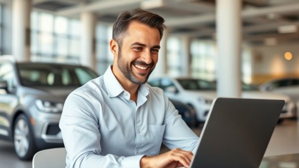 Businessman strategizing vehicle acquisition in car showroom