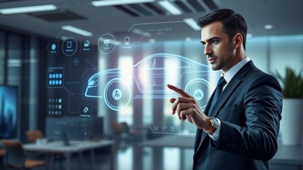 Professional using holographic automotive AI platform interface.