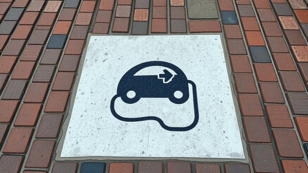 Ev charging symbol on cobblestoned pavement for easier EV charging solutions.