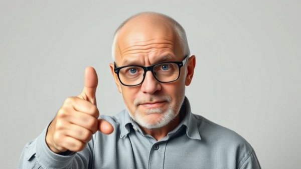 Bald man with thumbs down, hater-leader concept, plain background