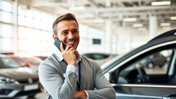 Confident salesman on phone in car showroom discussing used-car sales strategies