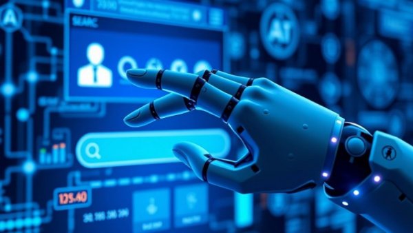 Futuristic robotic hand and AI tech in search interface