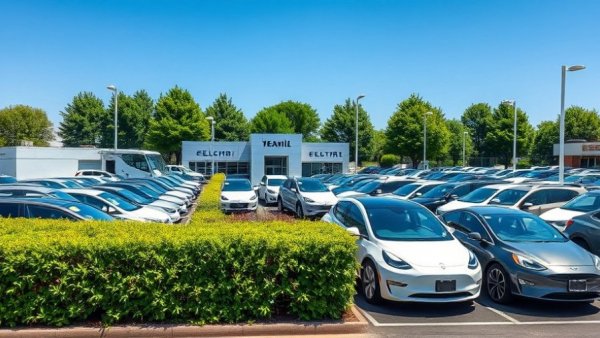 Discount low-mile used EVs in dealership lot with greenery.