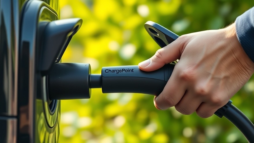 Hand plugging in ChargePoint EV charger, showcasing EV charging infrastructure and vivid colors.