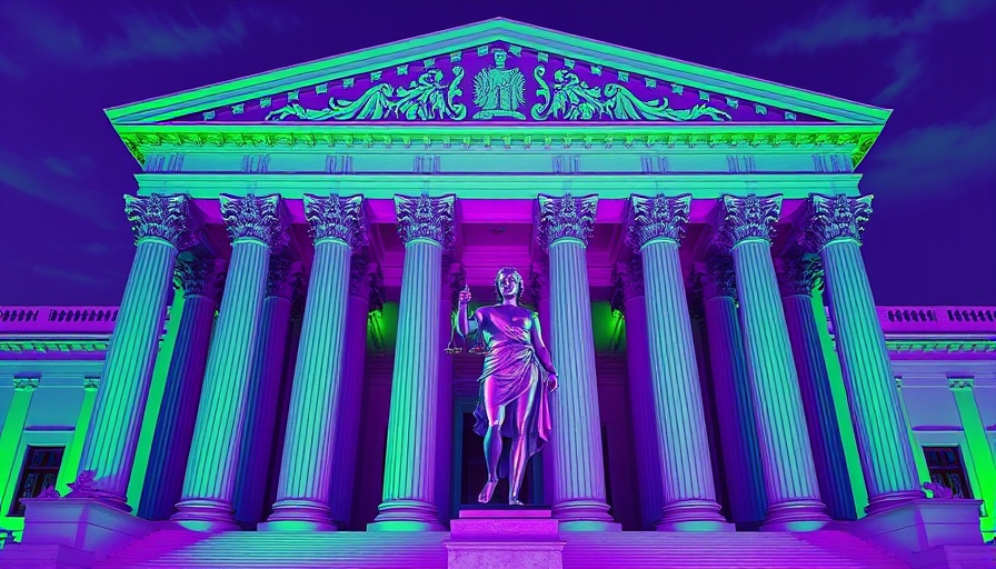 Supreme Court building in vibrant green and purple tones.
