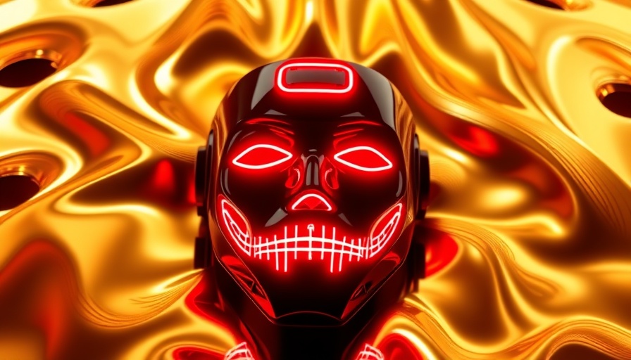 Futuristic glowing red LED face mask on reflective background