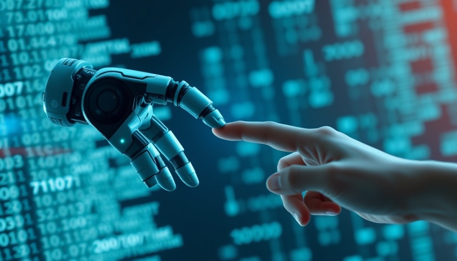 AI language learning concept with robotic and human hand interaction.