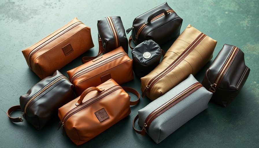 Variety of stylish toiletry bags displayed on a green surface.