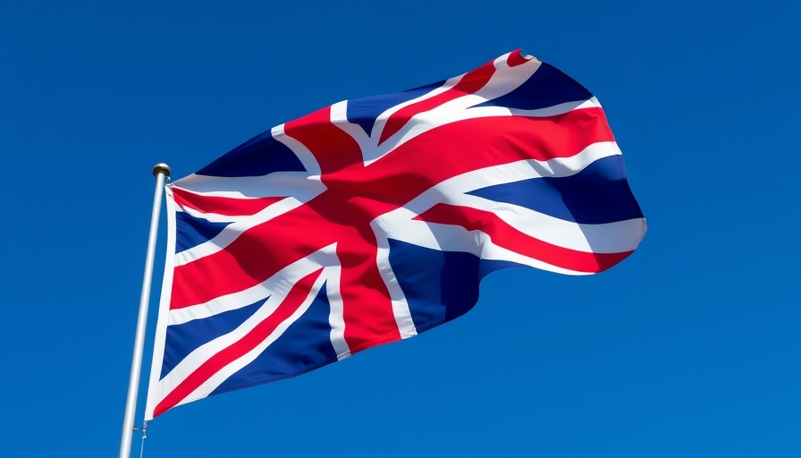 Union Jack flag waving in the sky, Generative AI visualization.