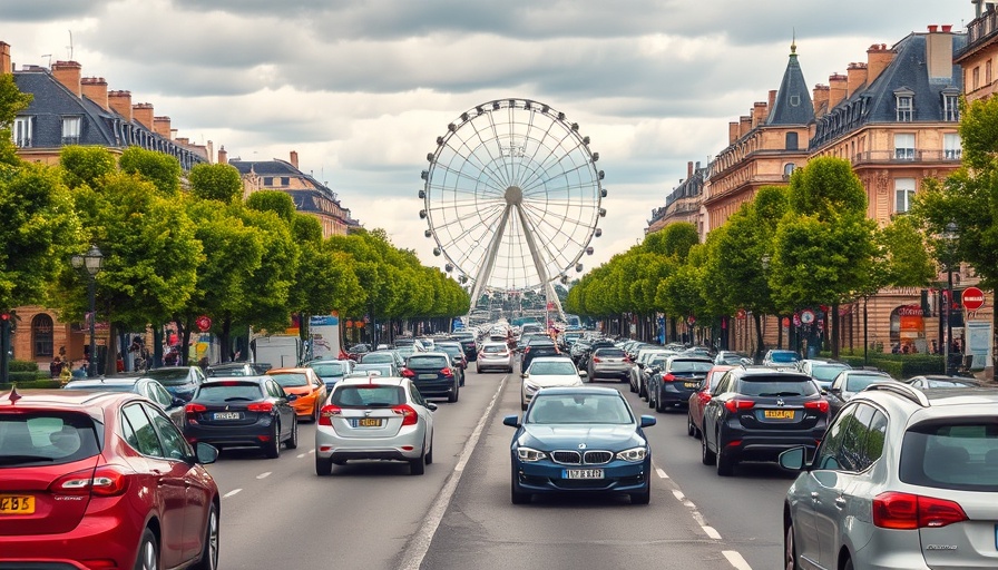 View of a busy Paris avenue showcasing diverse cars and vibrant city life.