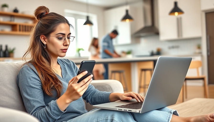 Woman working remotely from home kitchen with family nearby.