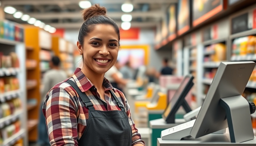 Smiling cashier at checkout counter in retail store.