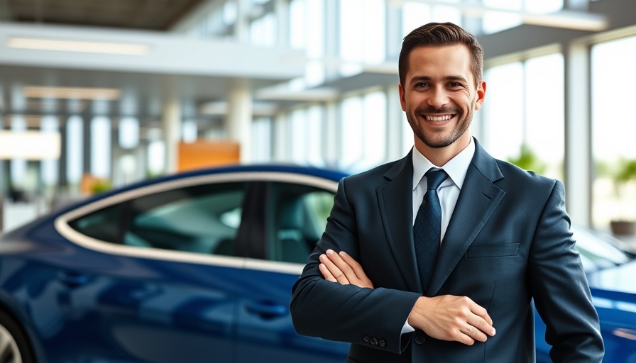 Smiling man in suit by car on automotive sales magazine cover.