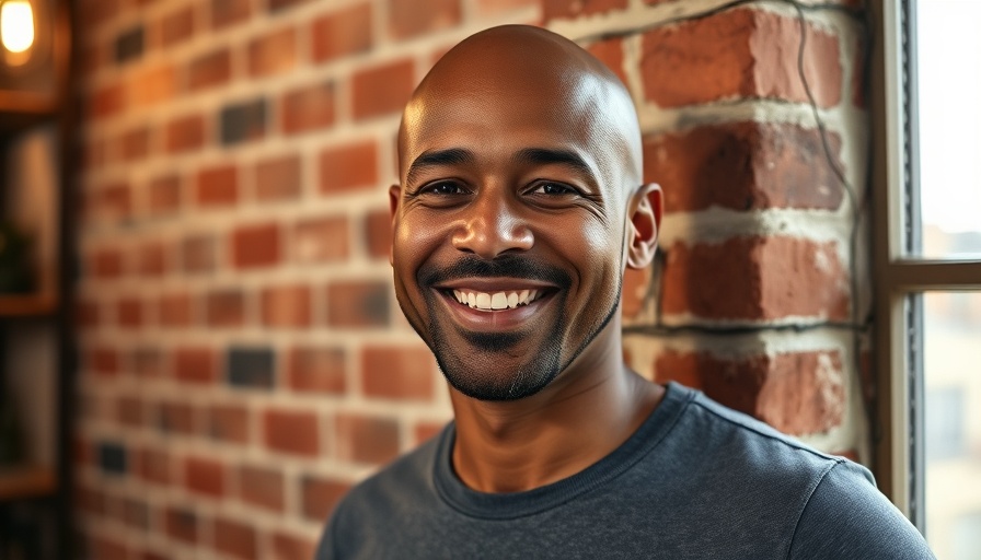 Friendly bald man smiling in front of a rustic brick wall