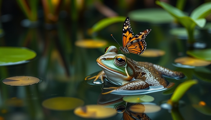 Frog with butterfly, illustrating gratitude in leadership, serene setting.