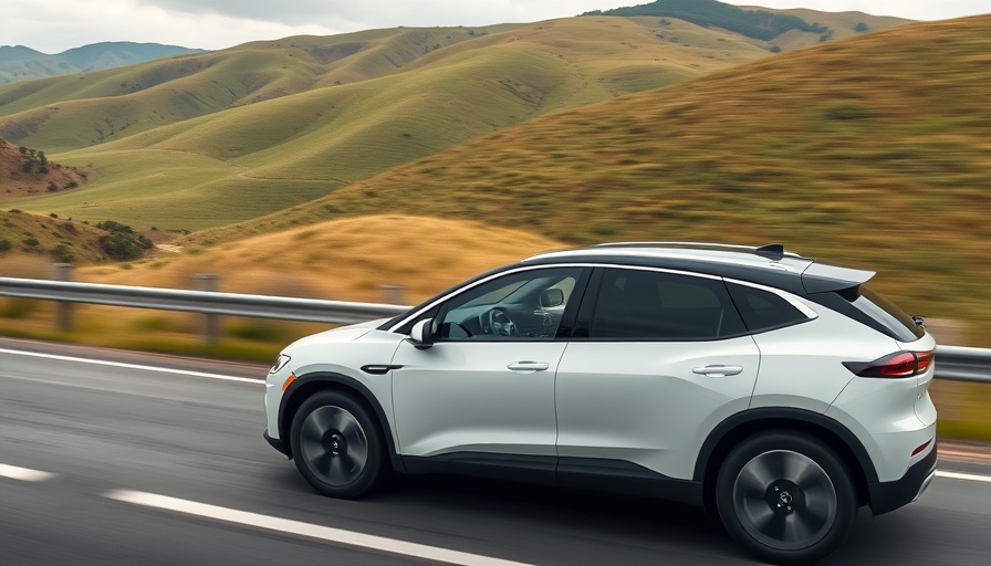 White electric SUV driving on a scenic road, focus on sleek design.