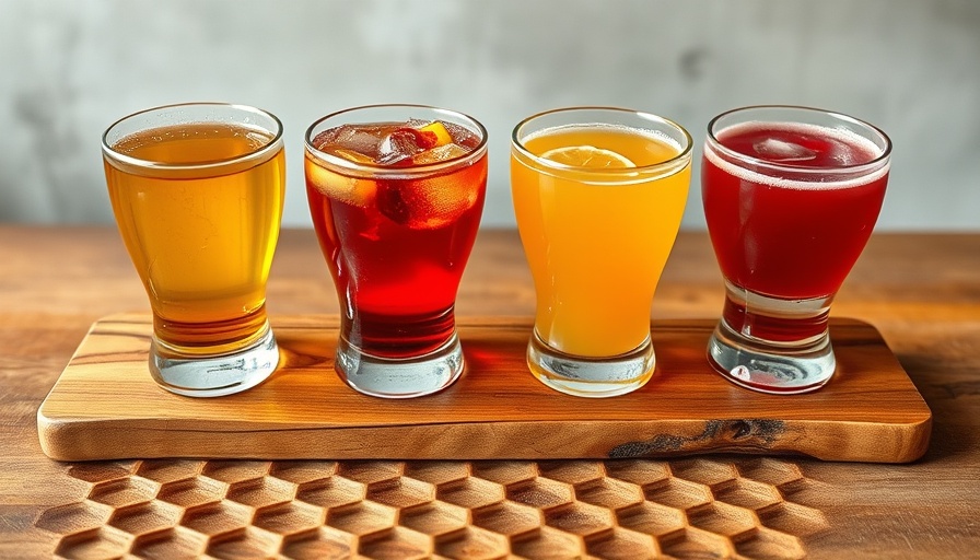 Connecticut coffee inspired colorful drink flight on honeycomb board.