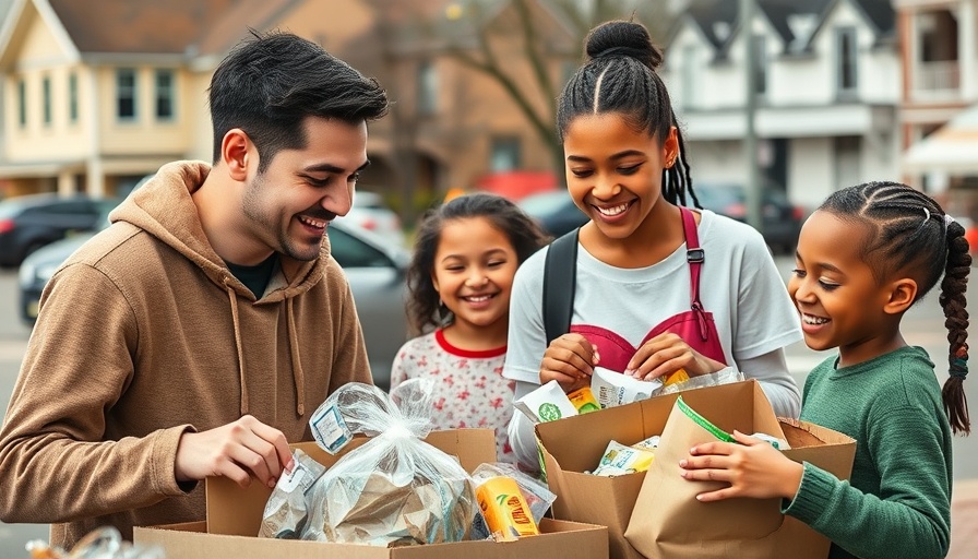 Children and adult organizing groceries for charitable initiatives outdoors.