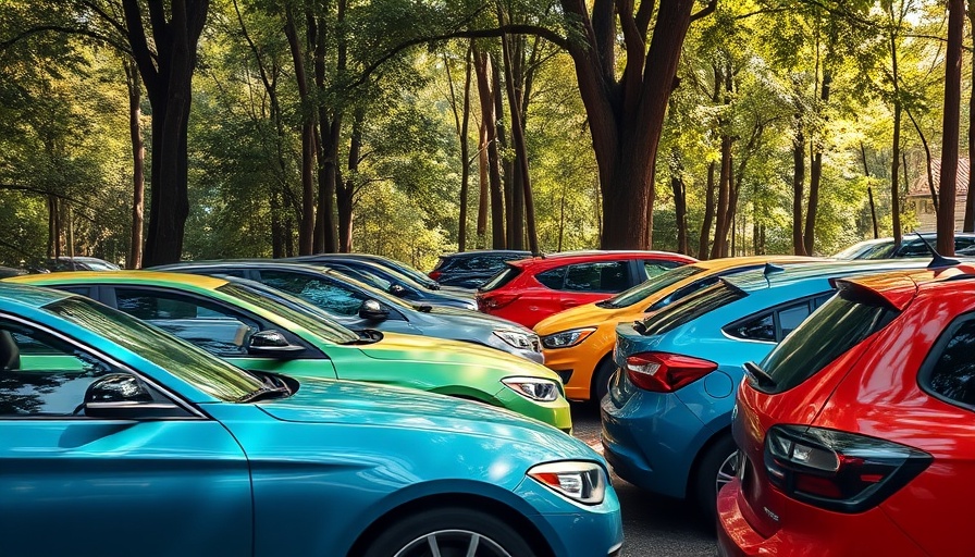 Row of colorful parked cars under trees, vibrant setting.