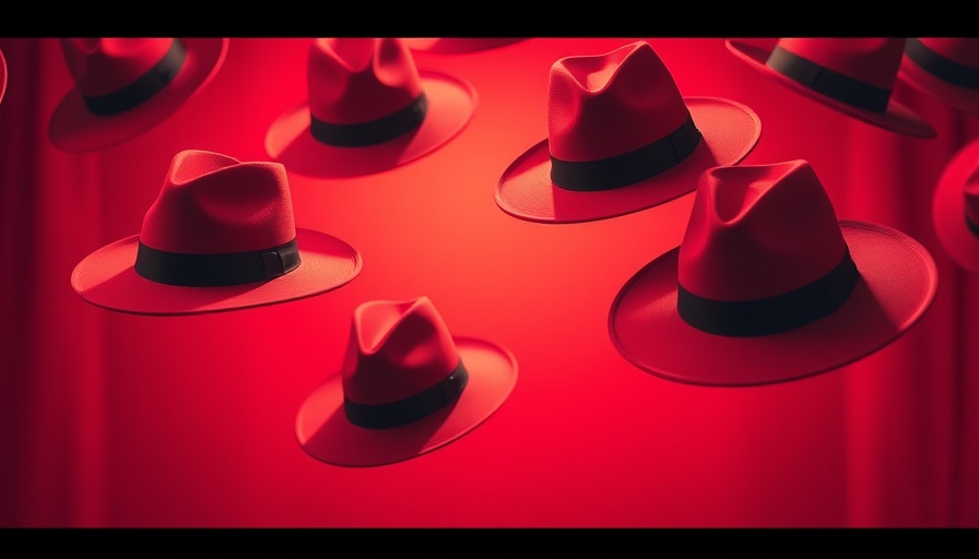 Floating red fedoras design representing cloud automation concept.