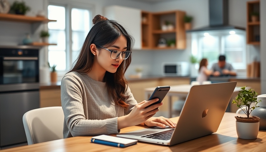 Woman working remotely in kitchen with family around