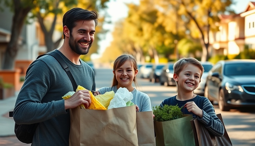 Young man and children packing groceries in a suburban street