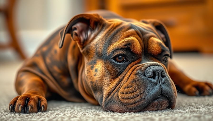 Thoughtful brindle bulldog lying down indoors, dealership management focus.