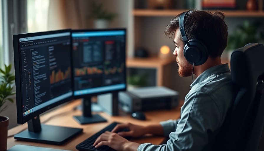 Remote work trends: person with headphones working at dual monitors.