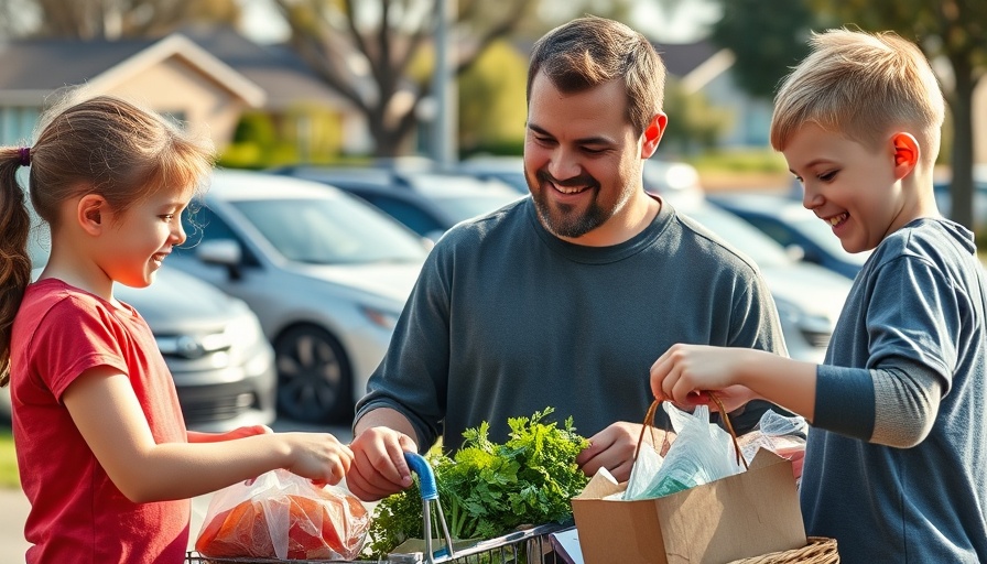 Children assisting man with groceries in suburban setting, AI in dealerships