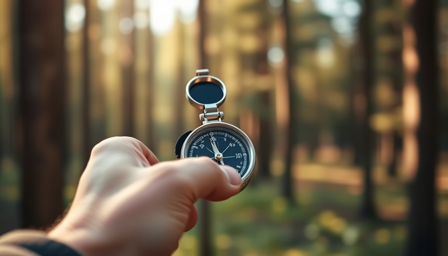 Close-up hand with compass against blurred forest, small opportunities.