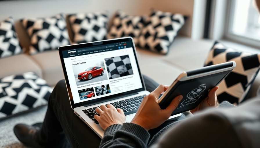 Person reading dealership sales news on laptop and tablet indoors.