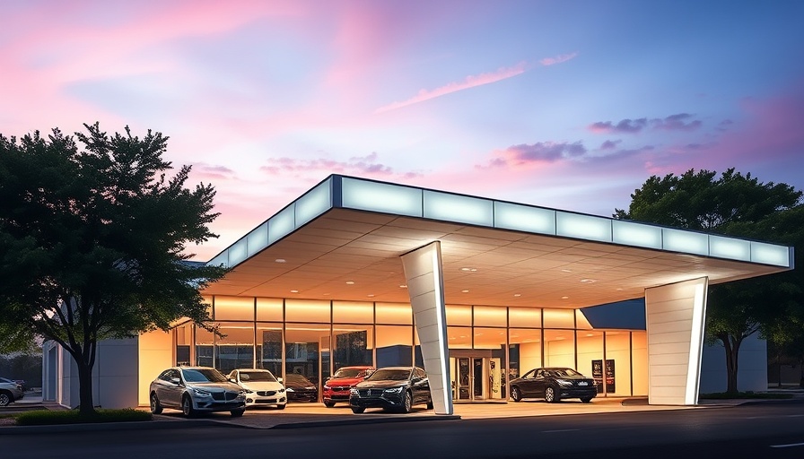 EchoPark expansion showcases a modern dealership entrance under twilight sky.