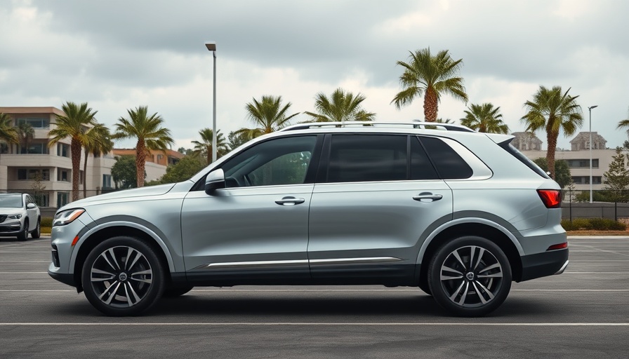 Sleek silver SUV parked in an urban lot with palm trees in the background.