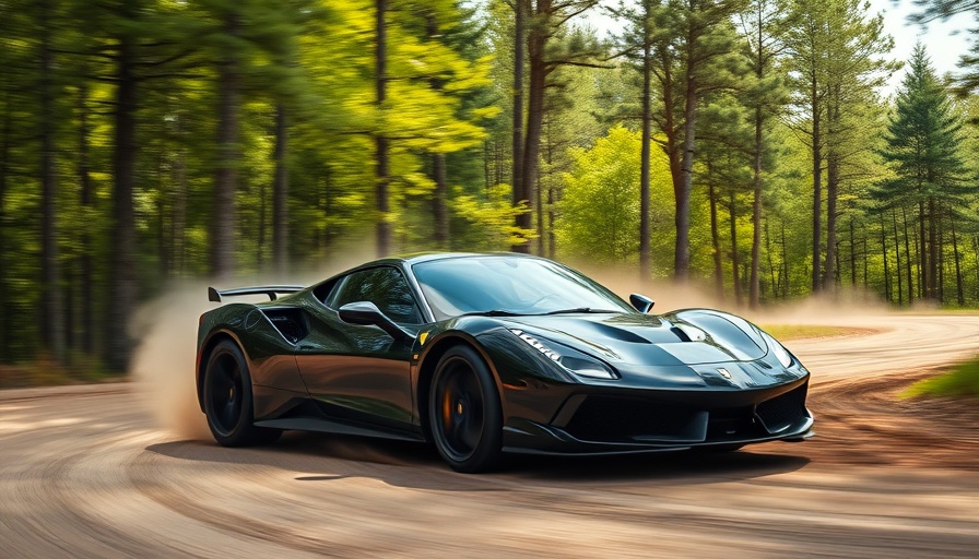 Sports car drifting on dirt road amidst forest.