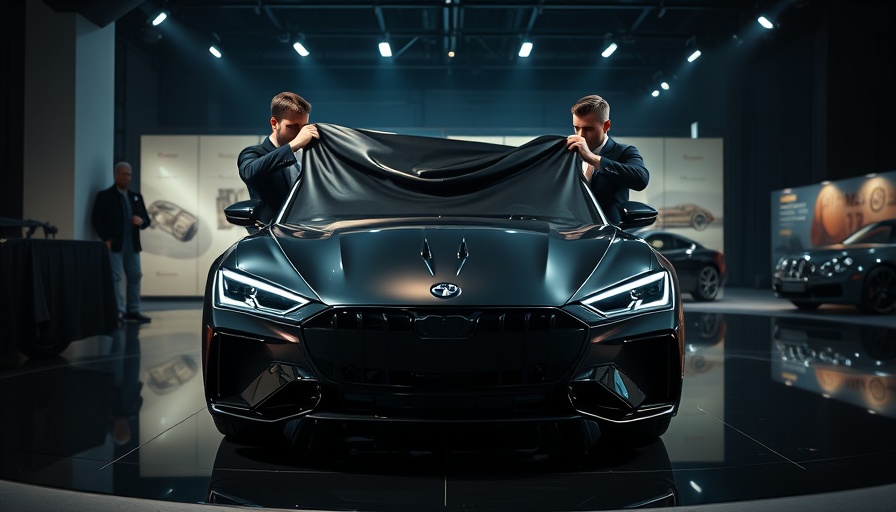 Sleek car being unveiled at an exhibition hall.