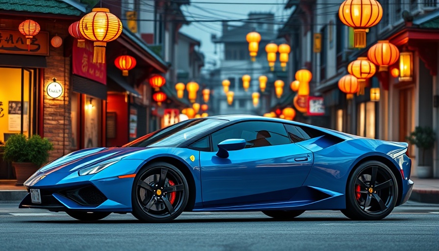 Blue sports car parked on lantern-lit street, Trabants