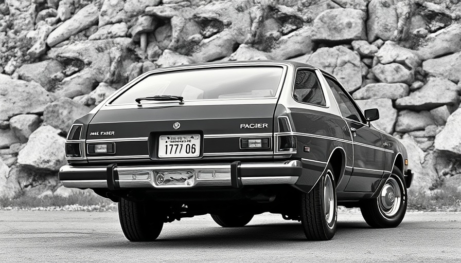 1976 AMC Pacer parked by a rocky hillside, rear view.