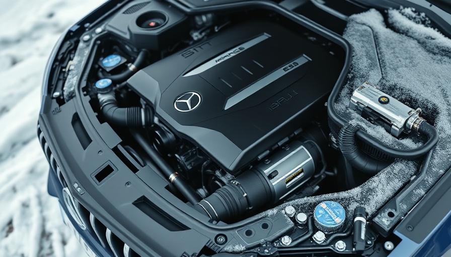 Mercedes-AMG E53 engine in snowy setting, detailed view