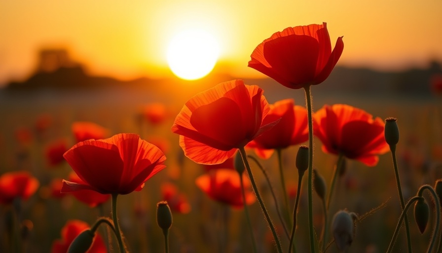 Inspirational poppy field at sunset symbolizing leadership energy.