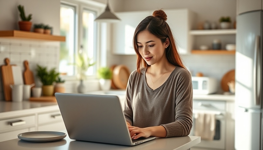 Calm woman working on laptop in modern kitchen, reflecting dealership employment trends.