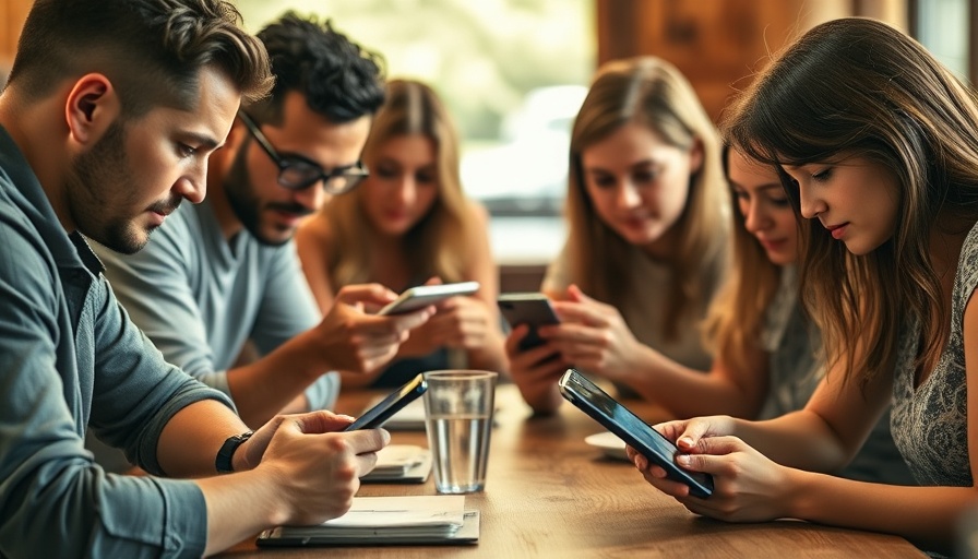 Group using phones, highlighting technology's impact on human interaction.