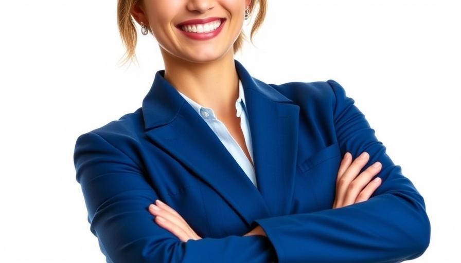 Professional woman smiling in blue suit, Dealer Merchant Services.