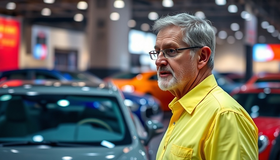 Man at next-gen auto dealers exhibit, vibrant setting.