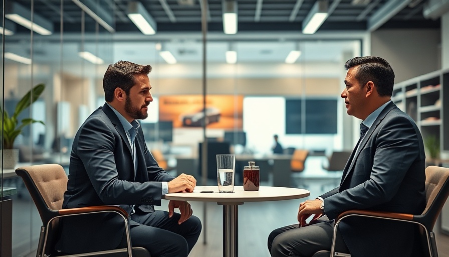 Businessmen discussing in office setting with auto decor, auto sales training