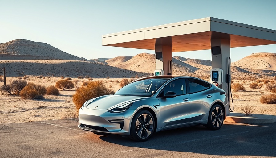 Modern charging station at a Rivian facility near a desert landscape.