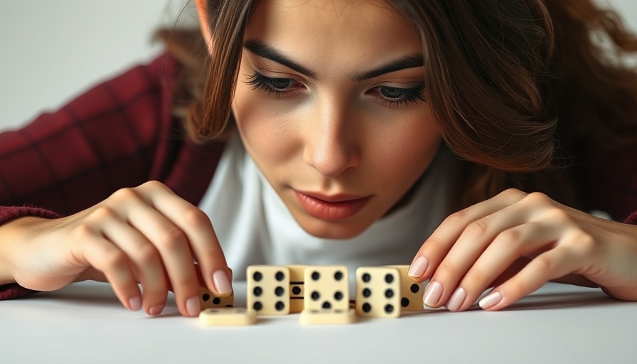 Focused young woman with dominoes on table, concept of habits.