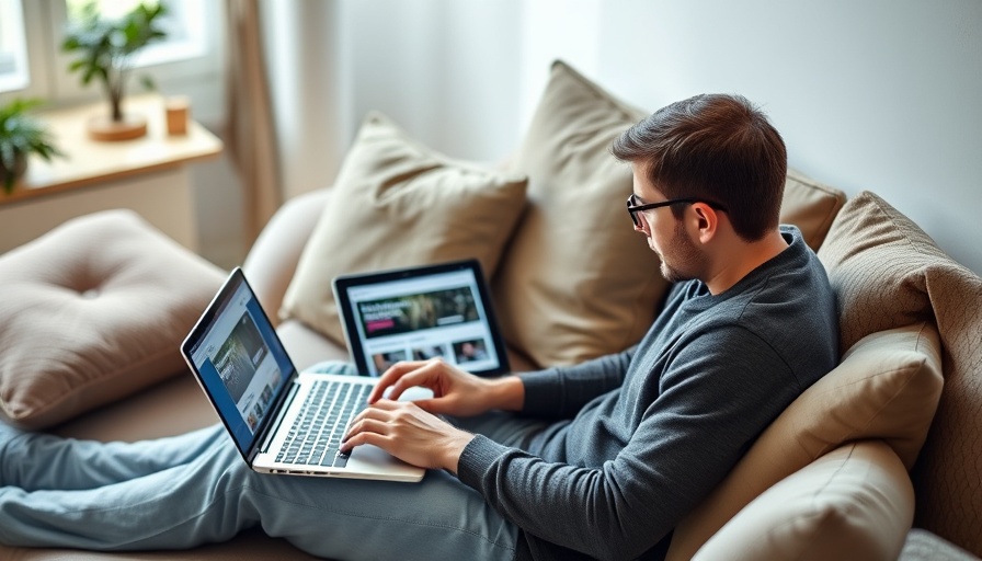 Modern workspace with laptop and tablet displaying news, data encryption.