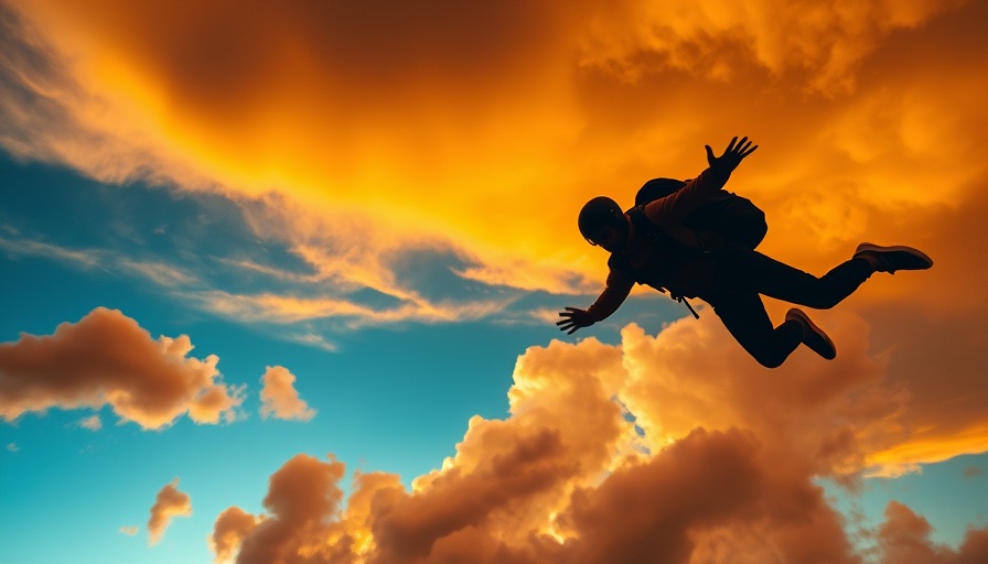 Bold Leadership depicted by a skydiver amidst dramatic clouds.