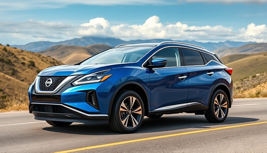 Blue Nissan Murano 2025 on scenic mountain road, modern design.