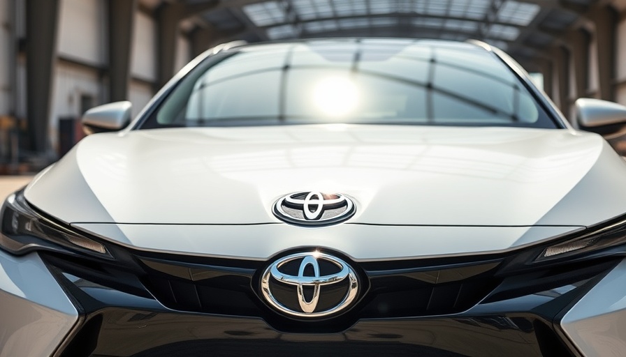 Toyota emblem on car front, innovative EV design, eco-friendly tech.